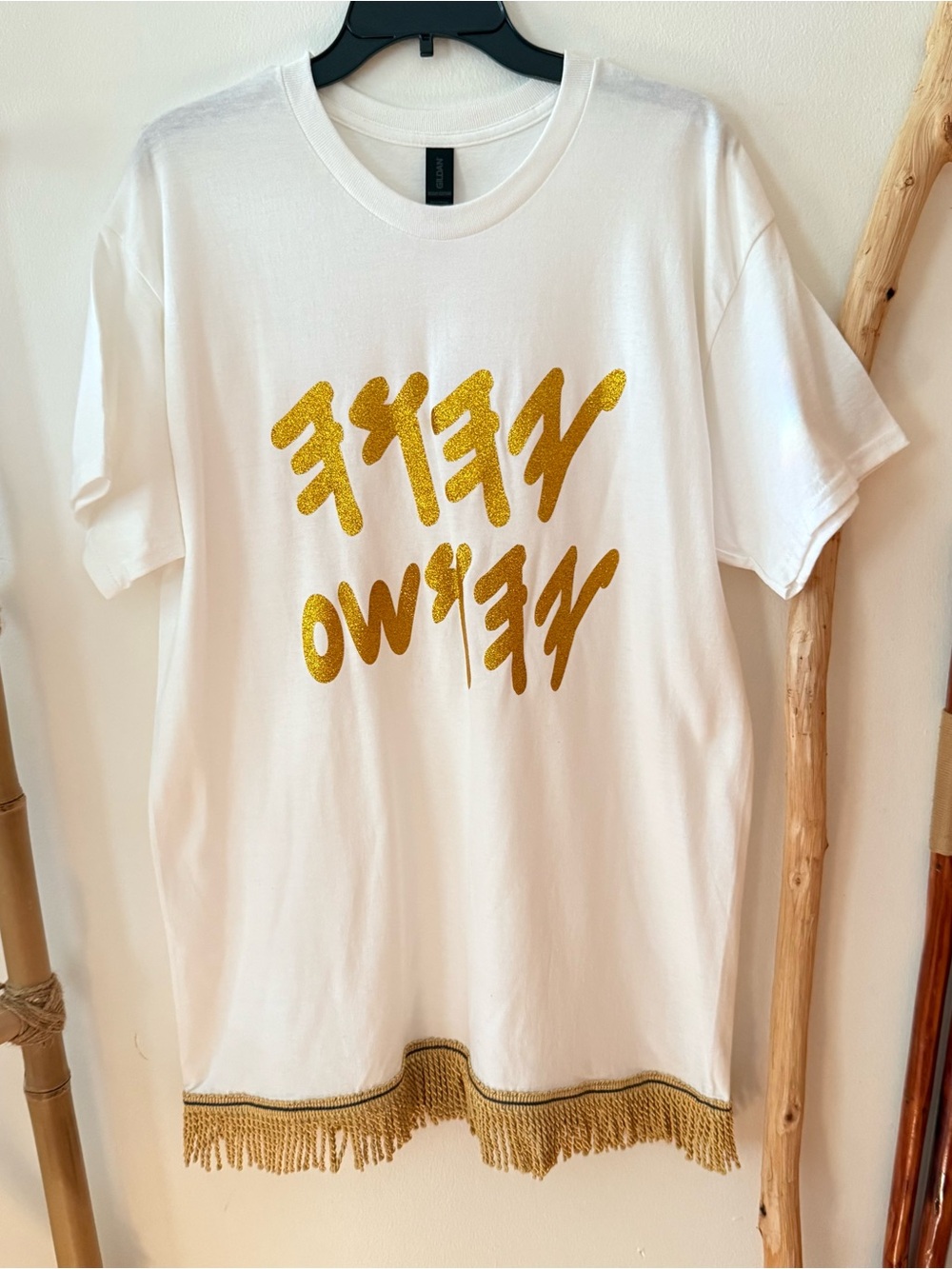 Men Sz L Paleo Hebrew Israelite Fringe White tee, gold glitter God & Jesus name